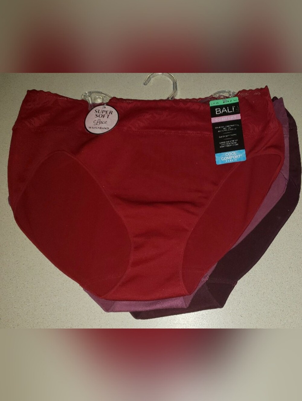 3 Pack BALI XL/8 Hi-Cut Cool Comfort Panties Red/Wine/Mauve Pink LACE WAIST  NWT
